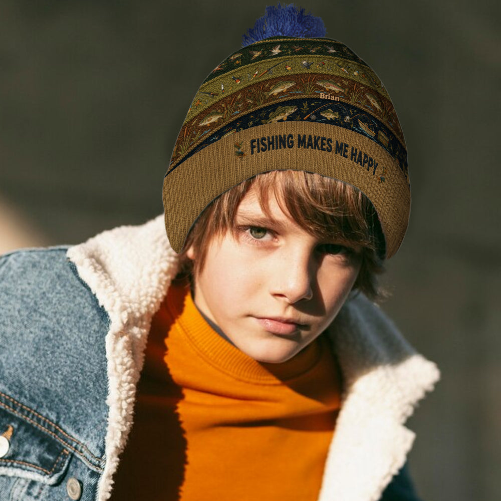 Fishing Makes Me Happy - Personalized Fishing Beanie Hat