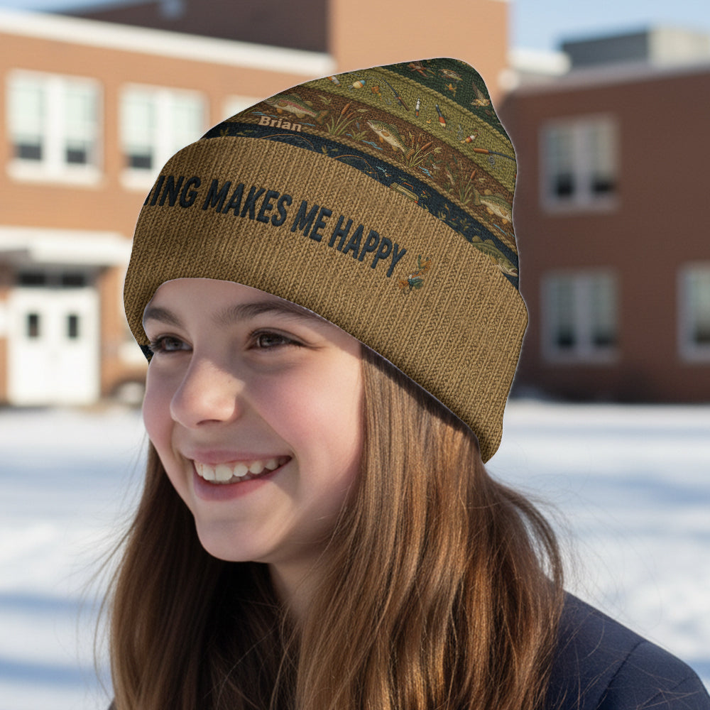 Fishing Makes Me Happy - Personalized Fishing Beanie Hat