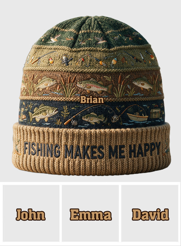 Fishing Makes Me Happy - Personalized Fishing Beanie Hat