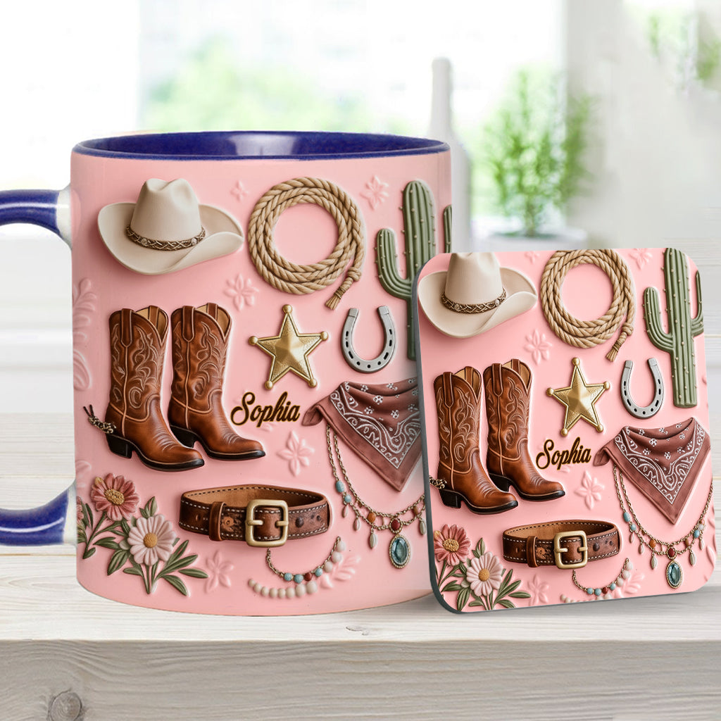Cowgirl – Personalisierte Tasse und Untersetzer mit Cowgirl-Motiv