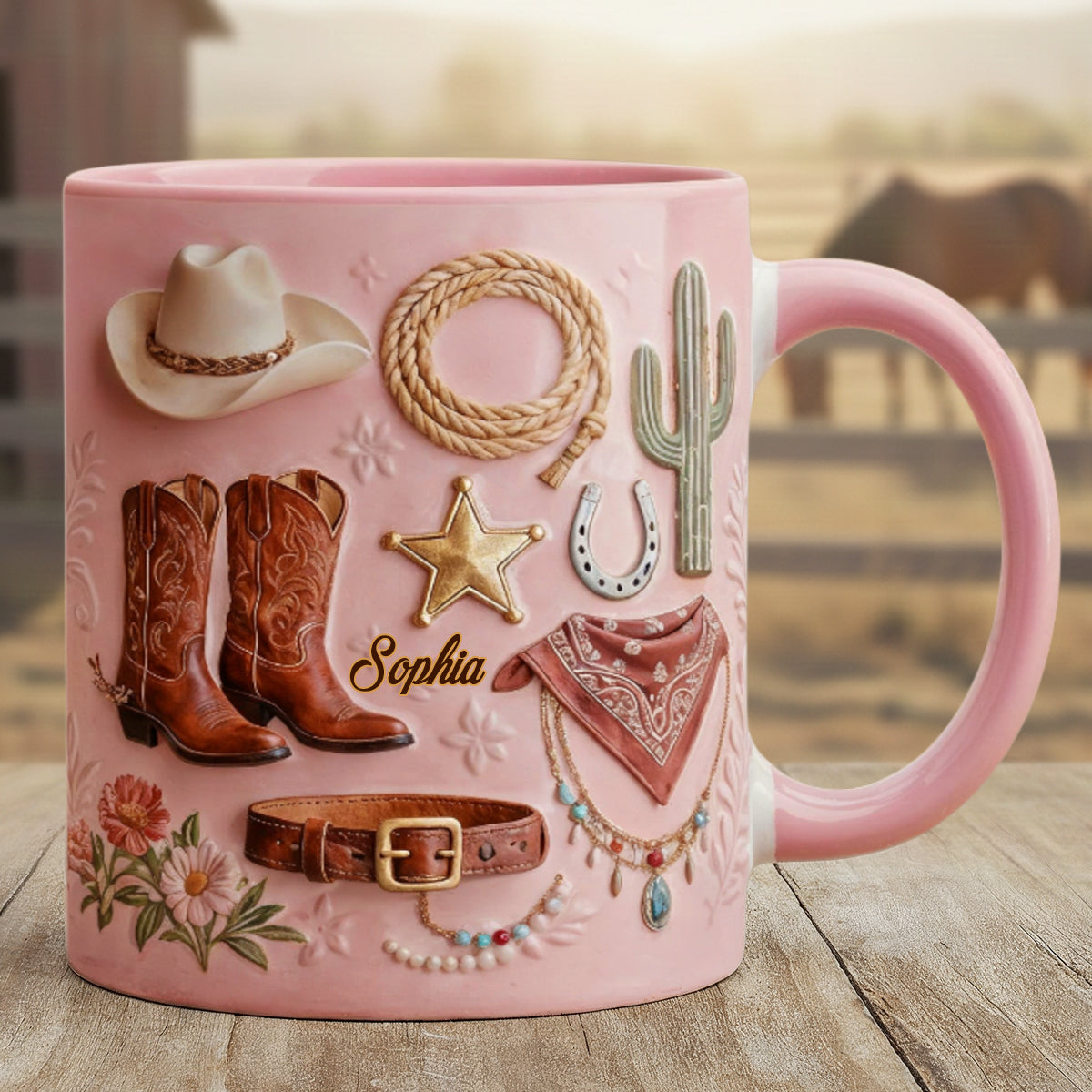 Cowgirl – Personalisierte Tasse und Untersetzer mit Cowgirl-Motiv
