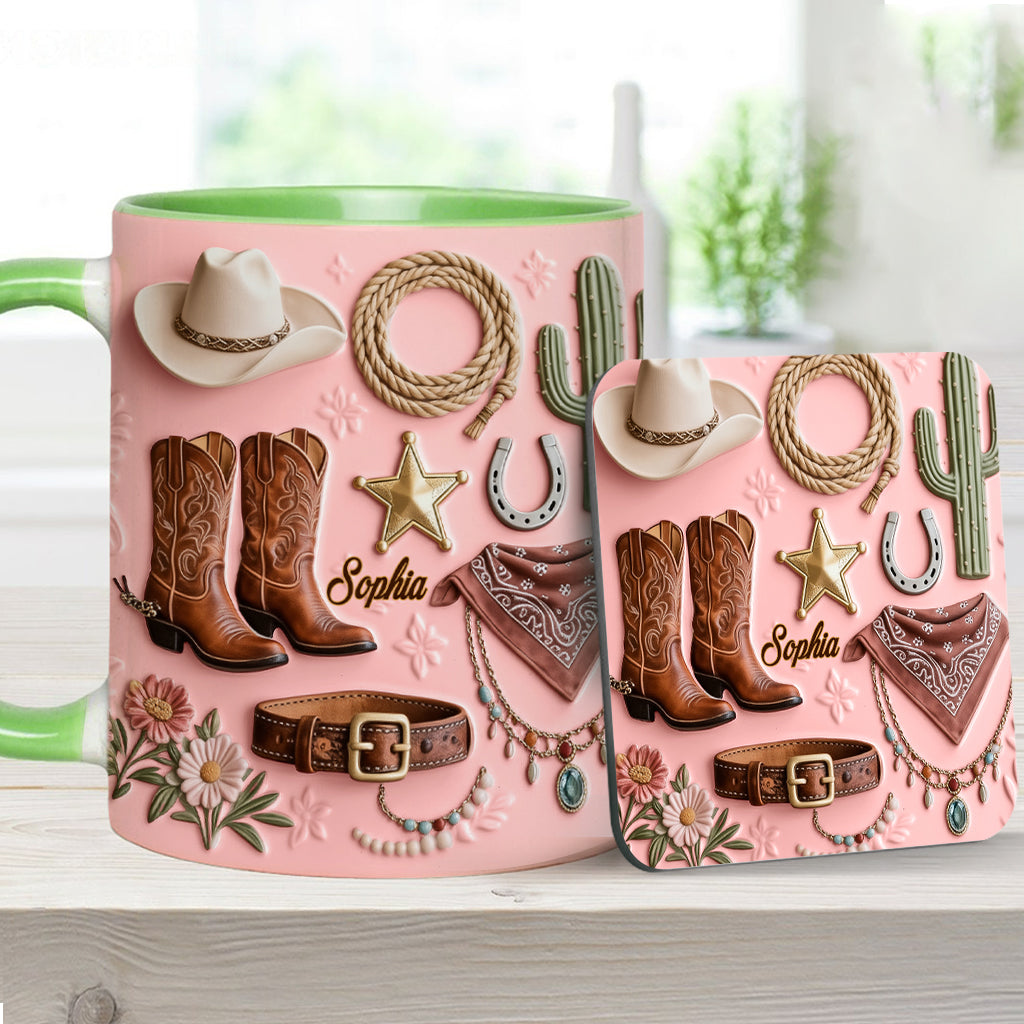 Cowgirl – Personalisierte Tasse und Untersetzer mit Cowgirl-Motiv