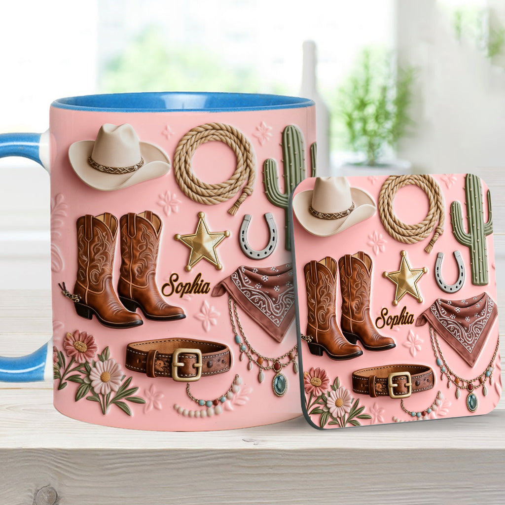 Cowgirl – Personalisierte Tasse und Untersetzer mit Cowgirl-Motiv