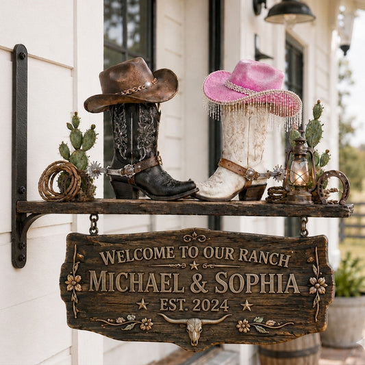 Cowboy Cowgirl Paar - Personalisierte Western Outfit Holz Wandmontage Schild