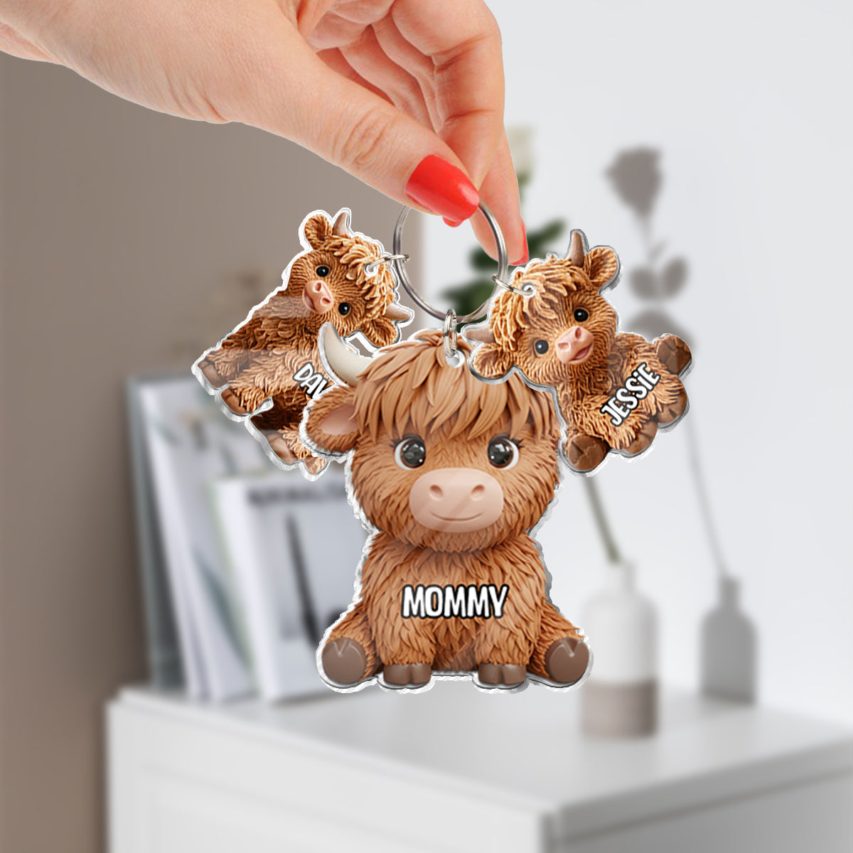 Hochlandrind-Mama - Personalisierter Mutter-Schlüsselanhänger mit Anhängern