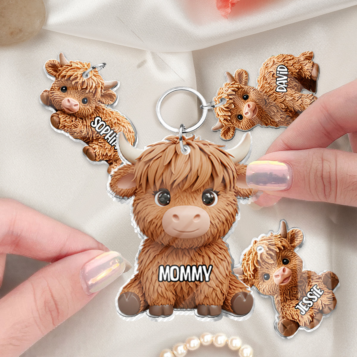 Hochlandrind-Mama - Personalisierter Mutter-Schlüsselanhänger mit Anhängern