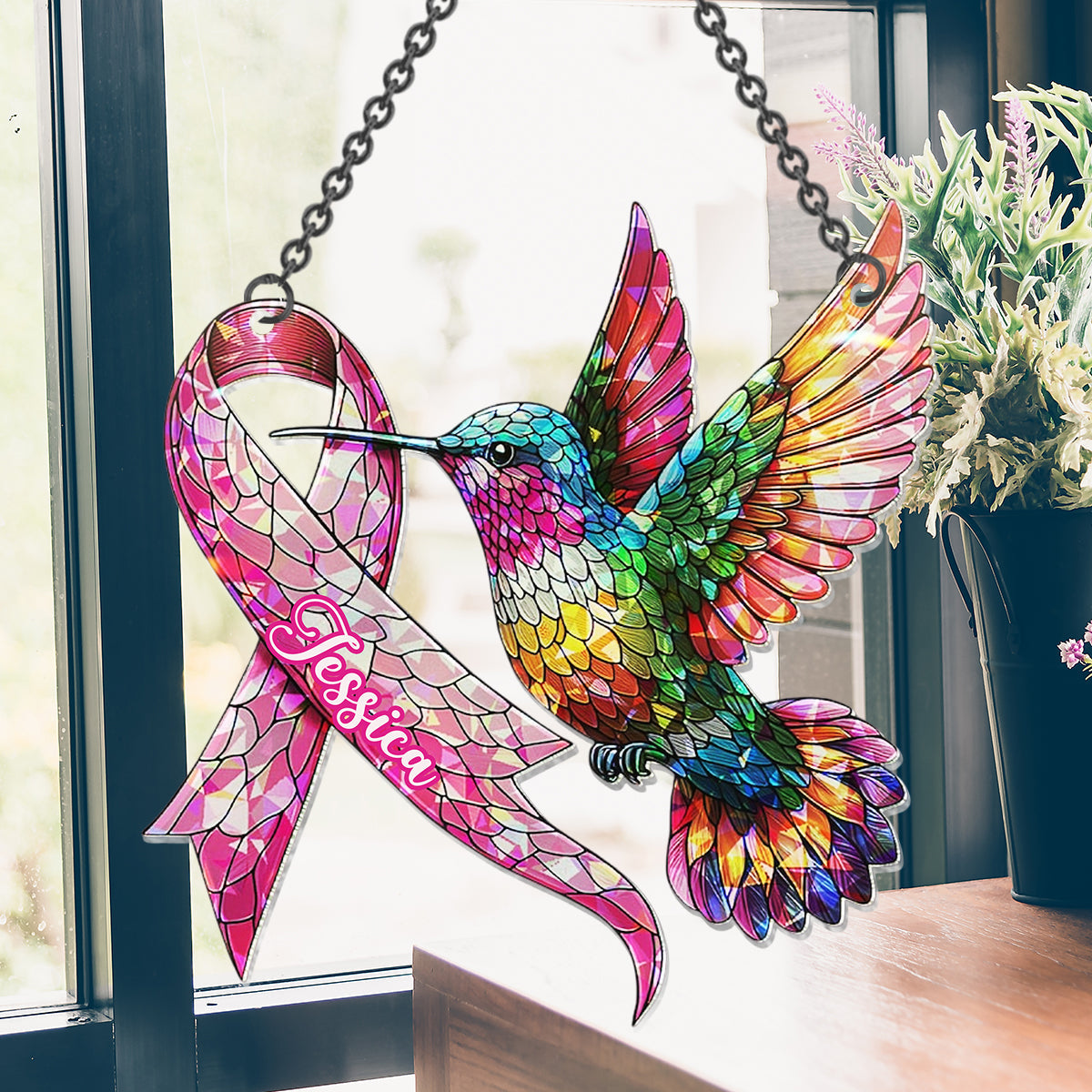 Hummingbird Breast Cancer Awareness - Personalized Breast Cancer Awareness Window Hanging Suncatcher Ornament