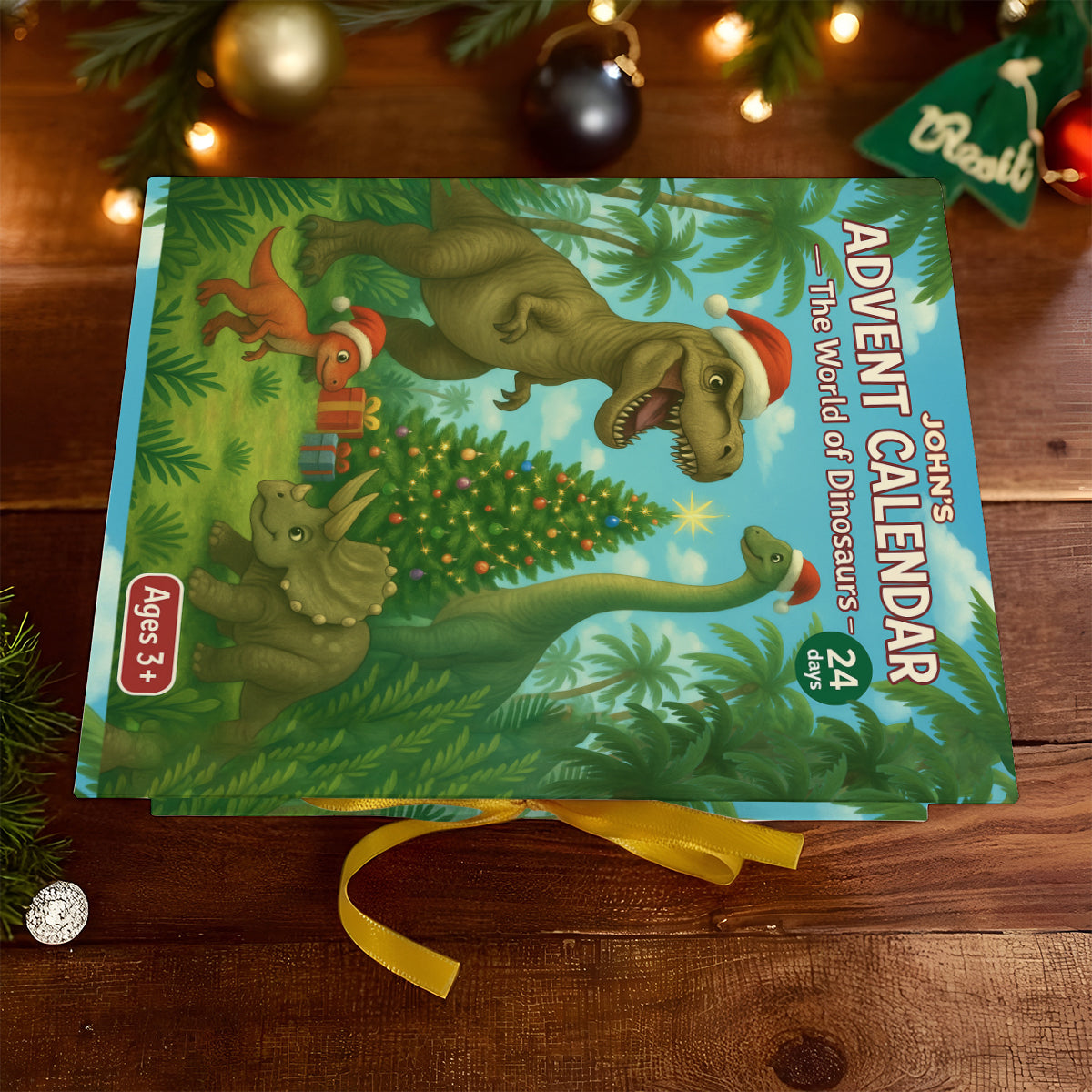 Dinosaurier-Adventskalender 2025 – Personalisierter Dinosaurier-Faltkalender mit Ornamenten