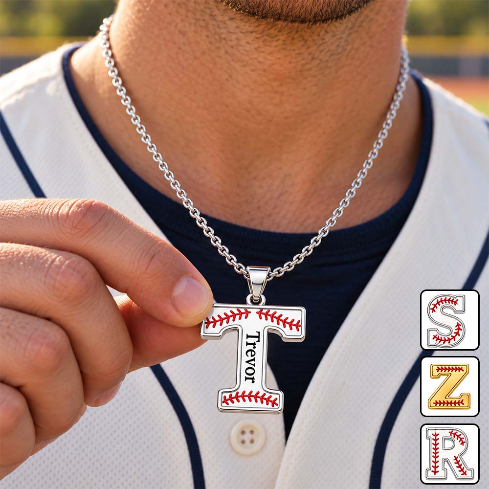 Love Baseball Initials - Personalized Baseball Shaped Metal Pendant Necklace