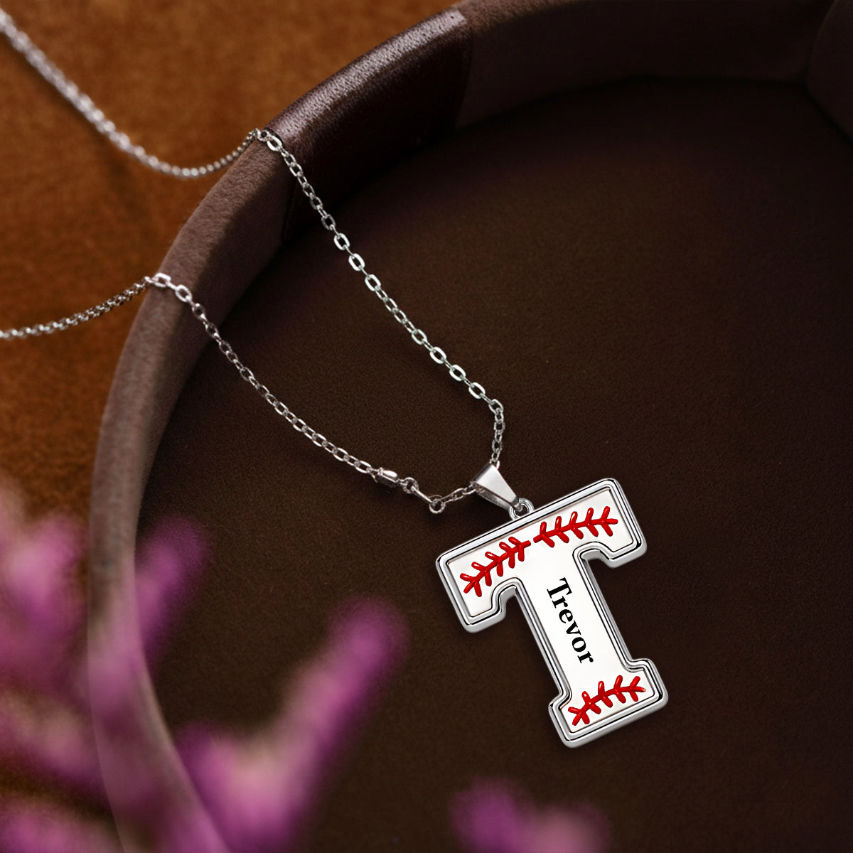Love Baseball Initials - Personalized Baseball Shaped Metal Pendant Necklace