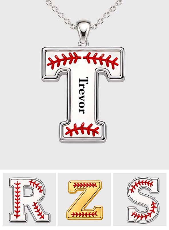 Love Baseball Initials - Personalized Baseball Shaped Metal Pendant Necklace