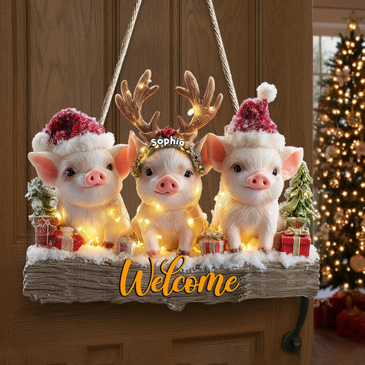 Weihnachten mit Ferkeln – Personalisiertes Holzschild für Schweineliebhaber in individueller Form