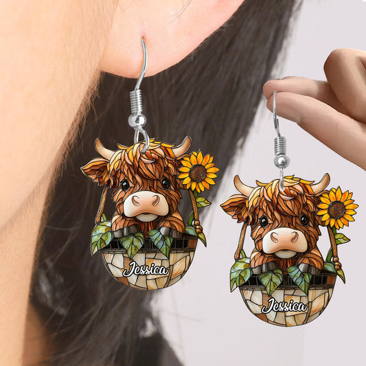 Cute Highland Cow And Sunflower - Personalized Highland Cow Earrings