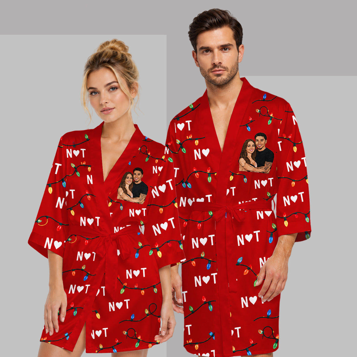 You, Me & Christmas Lights - Personalized Couple Satin Robe