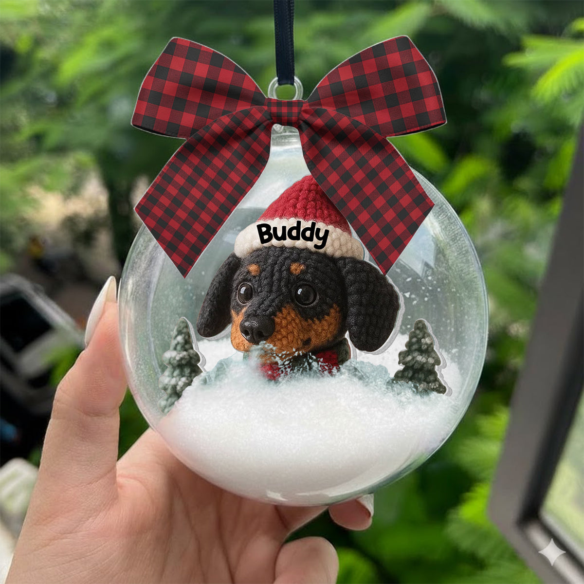 Weihnachtstier – Personalisierte Schneekugel mit Hund und Schleife