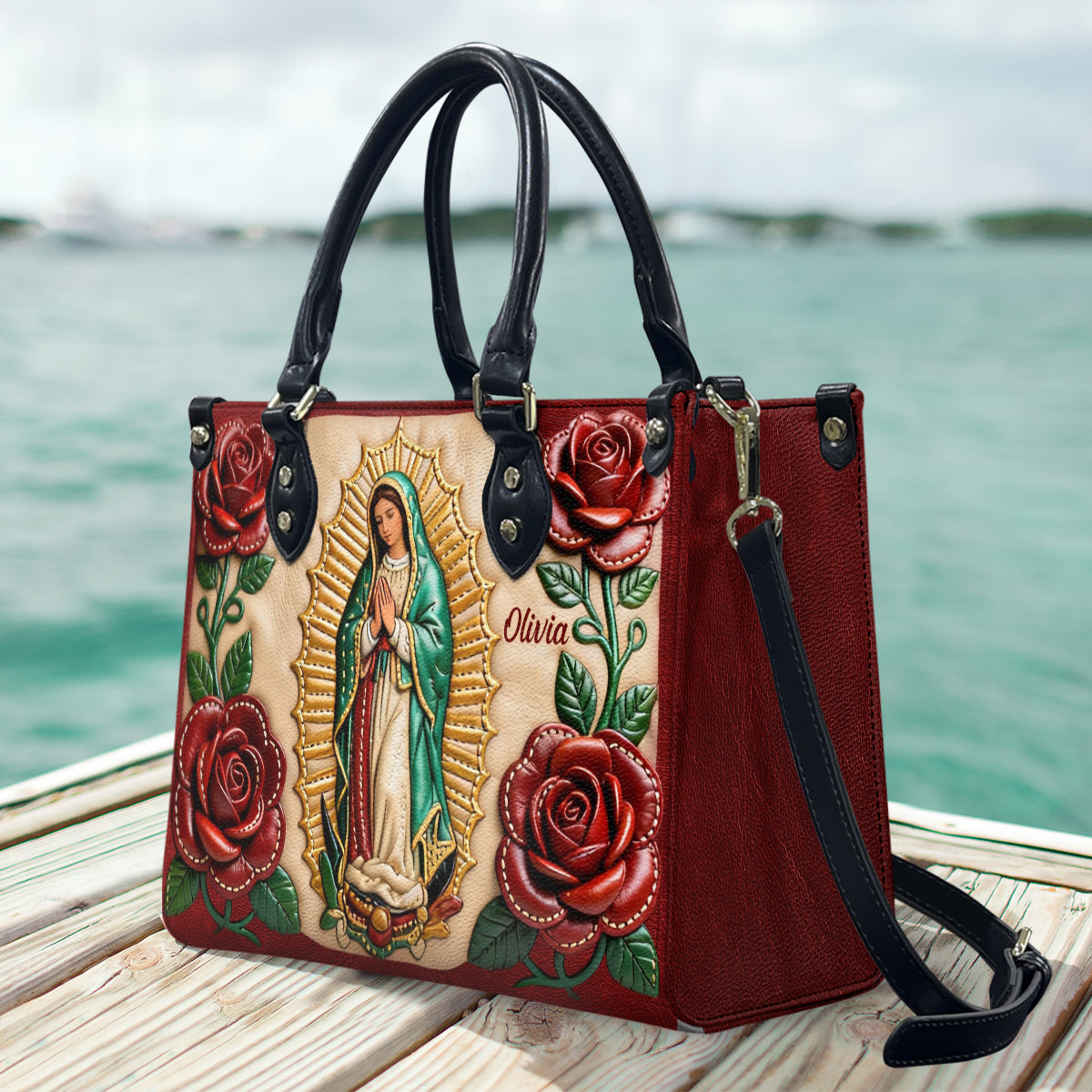 Unsere Liebe Frau von Guadalupe – Personalisierte christliche Lederhandtasche