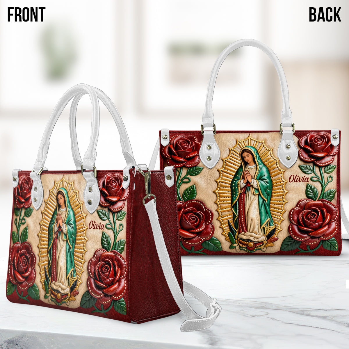 Unsere Liebe Frau von Guadalupe – Personalisierte christliche Lederhandtasche