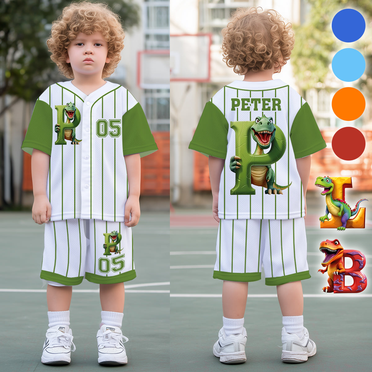 Niedliches Dinosaurier-Alphabet-Set für Kinder – personalisiertes Kinder-T-Shirt und Shorts 