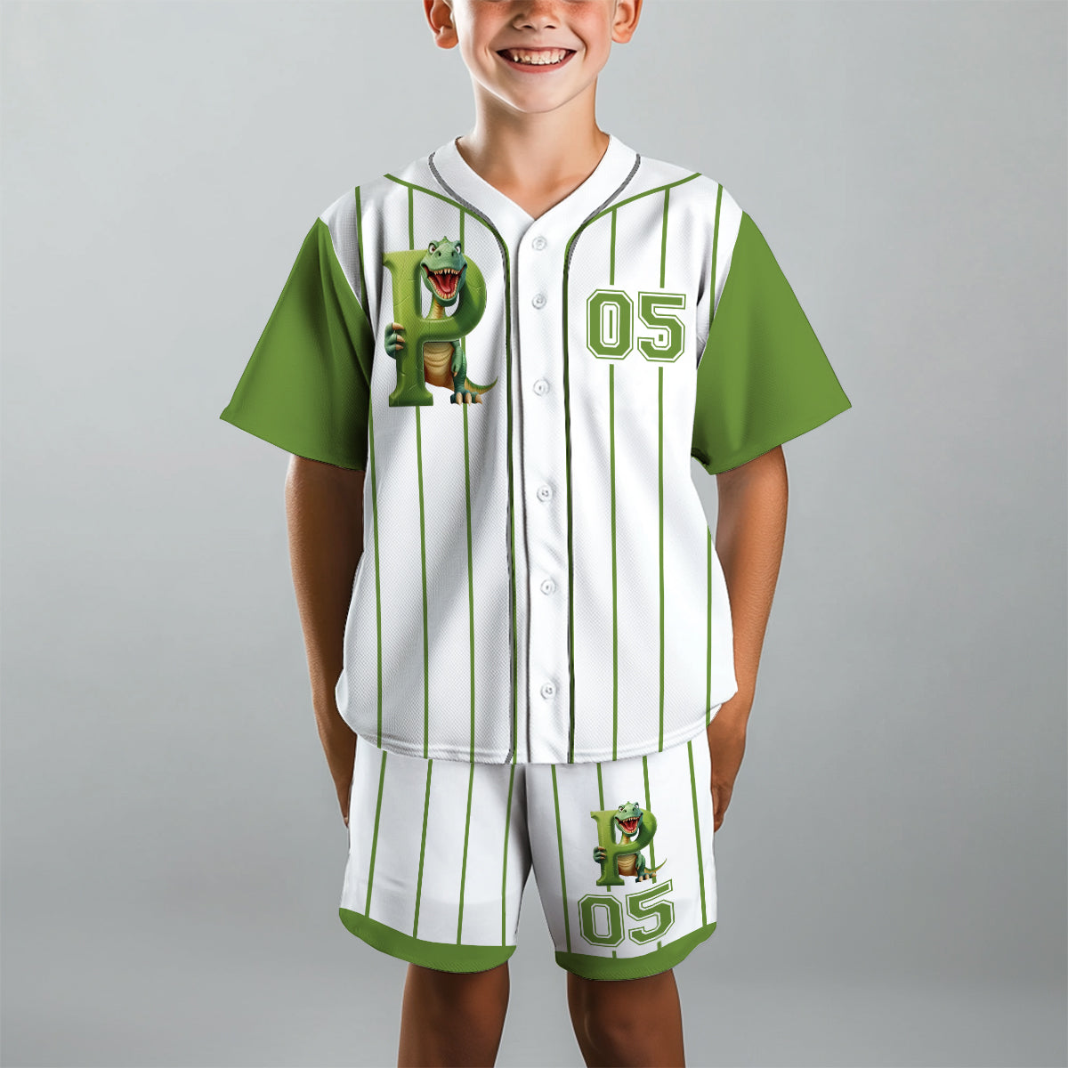 Niedliches Dinosaurier-Alphabet-Set für Kinder – personalisiertes Kinder-T-Shirt und Shorts 