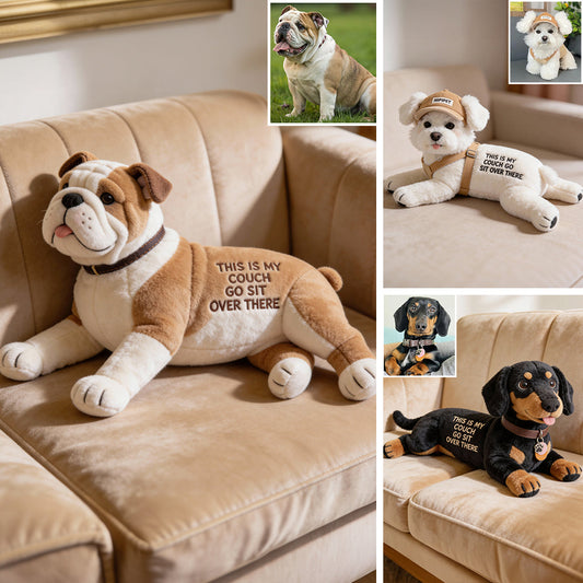 Das ist meine Couch – personalisiertes Kissen in Hundeform aus Kunstfell.