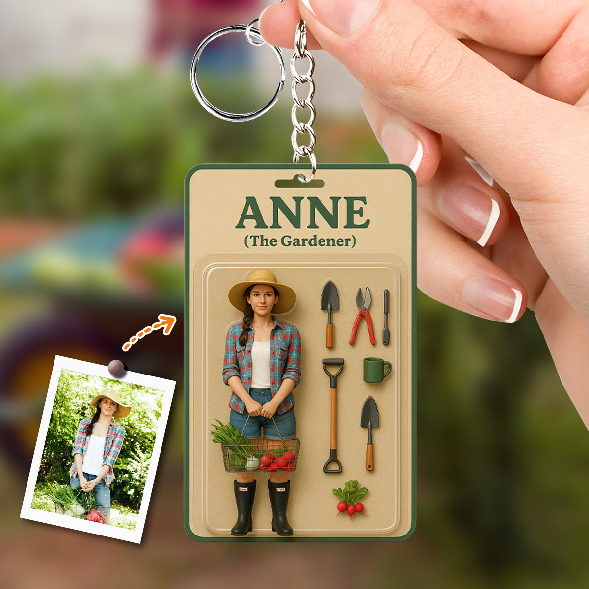 Individuelle Figur nach Foto – Personalisierter Garten-Schlüsselanhänger
