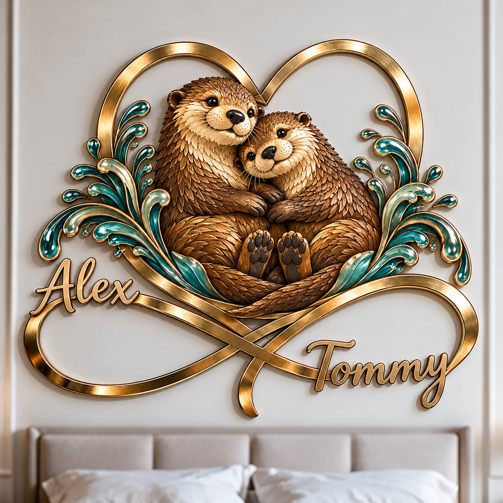 Cute Otter Couple Bedroom Decor - Personalized Otter 3D Printed Cut Metal Sign