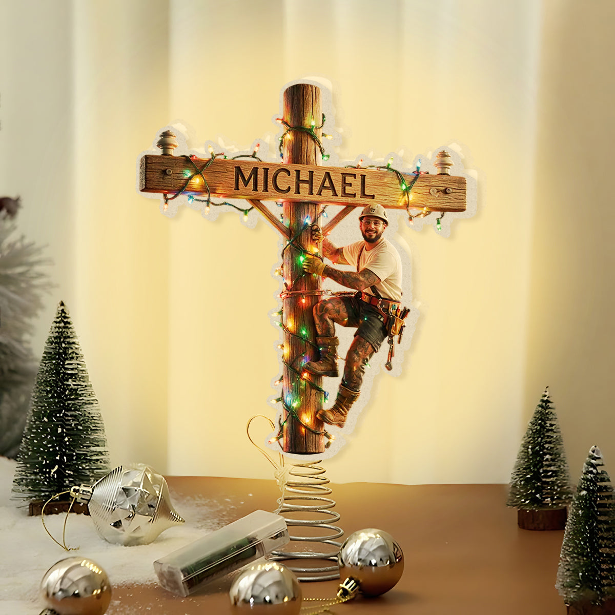 Light Up The Christmas - Personalized Lineman LED Light Tree Topper