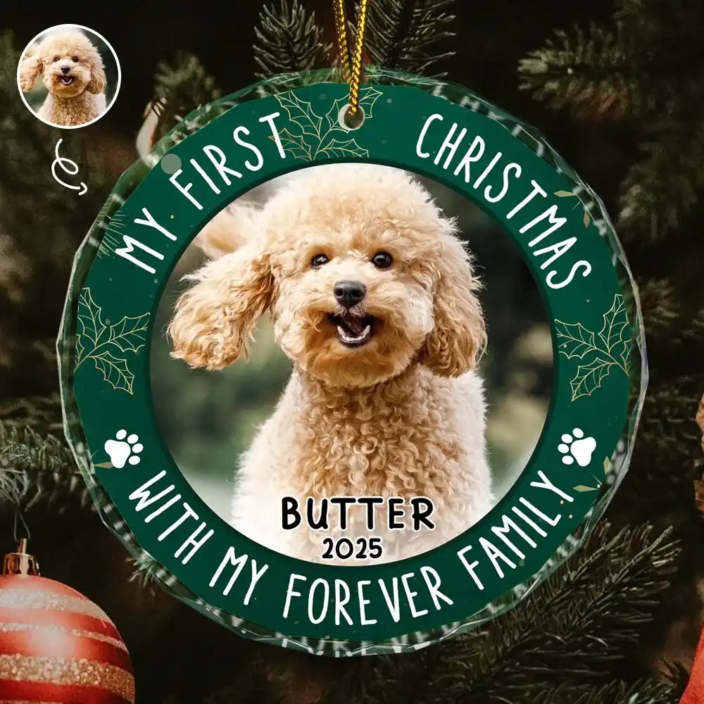 Mein erstes Weihnachten – Personalisierter runder Glasanhänger in Hundeform