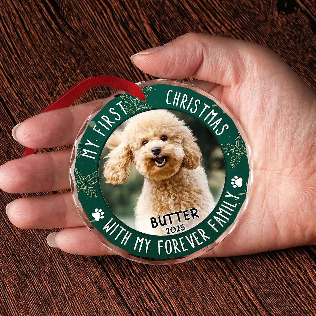Mein erstes Weihnachten – Personalisierter runder Glasanhänger in Hundeform