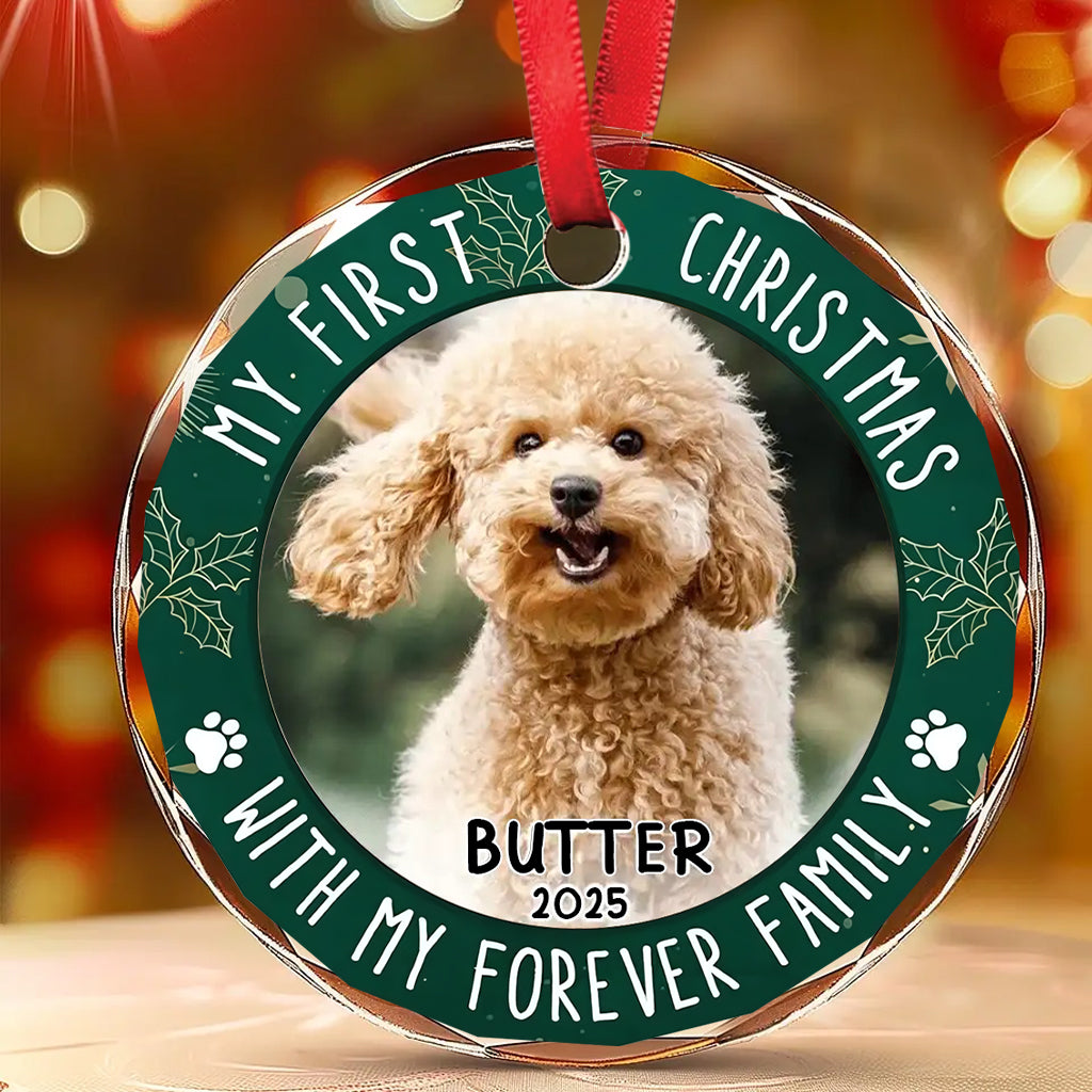 Mein erstes Weihnachten – Personalisierter runder Glasanhänger in Hundeform