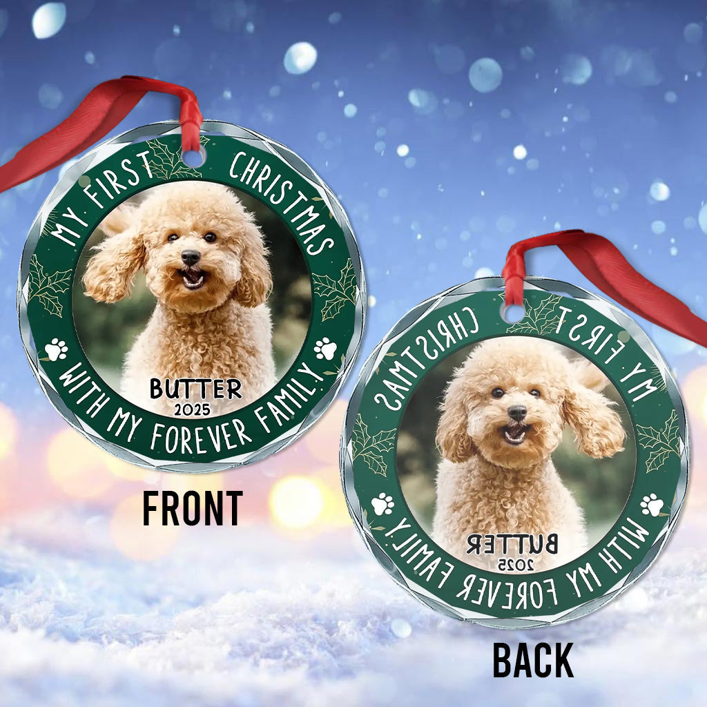 Mein erstes Weihnachten – Personalisierter runder Glasanhänger in Hundeform