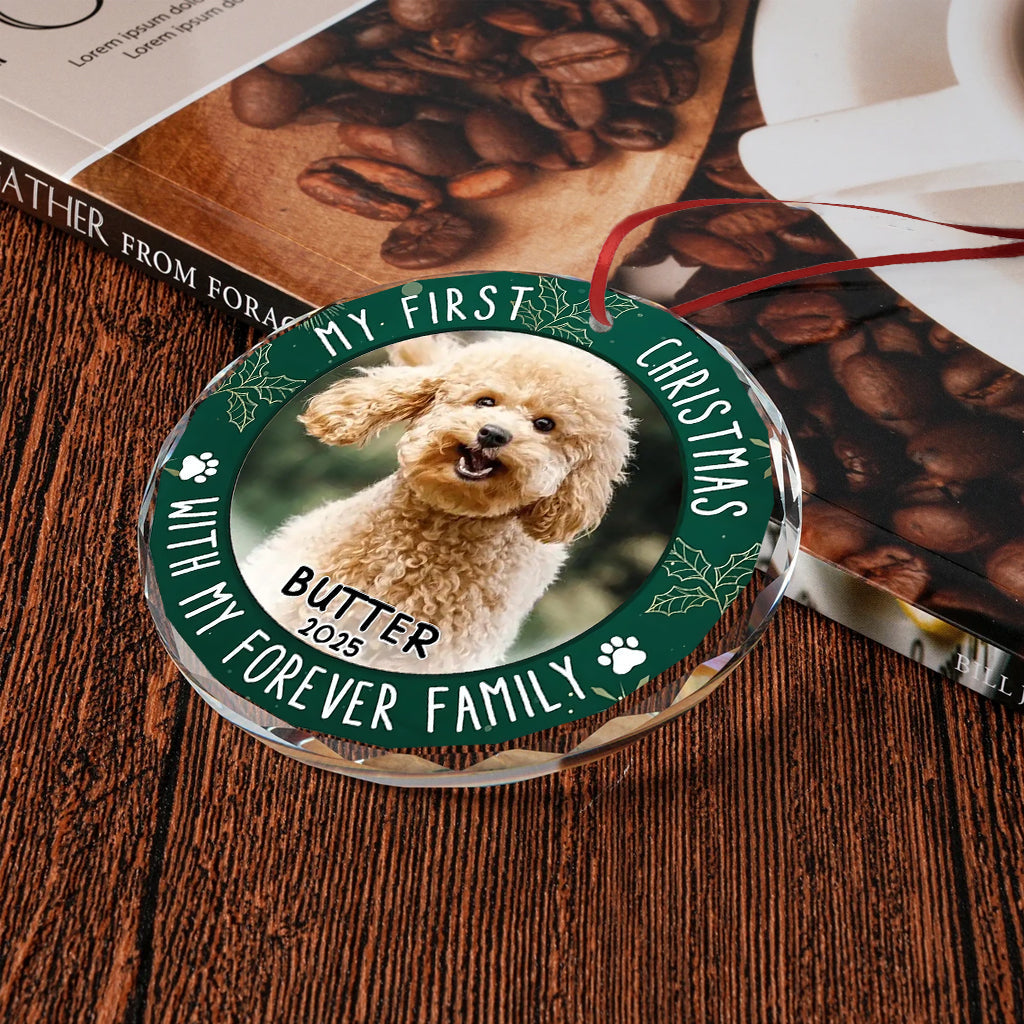 Mein erstes Weihnachten – Personalisierter runder Glasanhänger in Hundeform