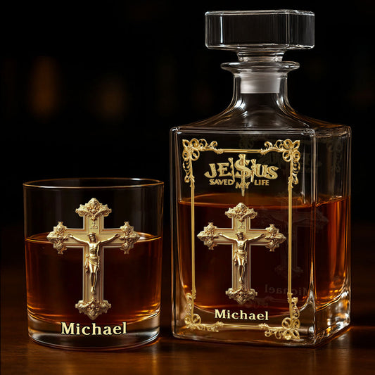 Jesus hat mein Leben gerettet – Personalisiertes christliches Whisky-Dekanter-Set