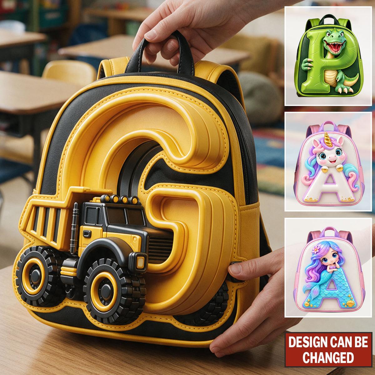 Custom Alphabet Backpack For Kids, Dinosaur, Construction, Mermaid, Unicorn - Personalized Kid Changeable Leather Patch Backpack