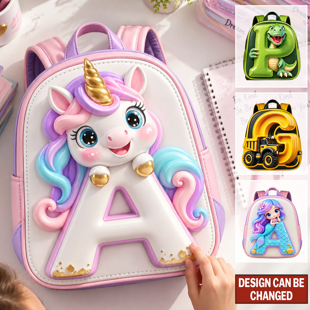 Custom Alphabet Backpack For Kids, Dinosaur, Construction, Mermaid, Unicorn - Personalized Kid Changeable Leather Patch Backpack