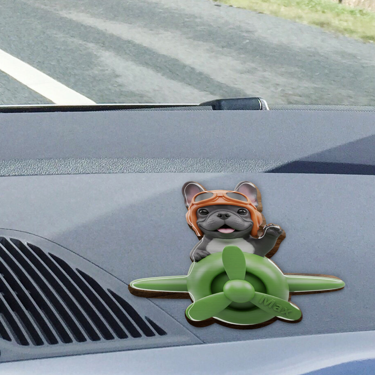 Beliebiges Foto eines fliegenden Flugzeugs – Personalisierter Auto-Sonnenblendenclip in Hundeform