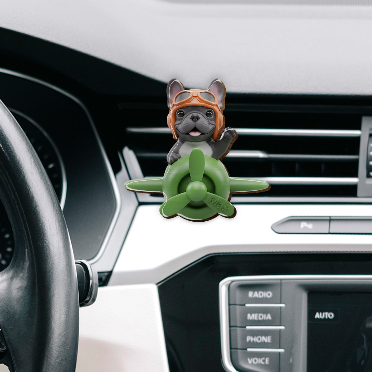 Beliebiges Foto eines fliegenden Flugzeugs – Personalisierter Auto-Sonnenblendenclip in Hundeform