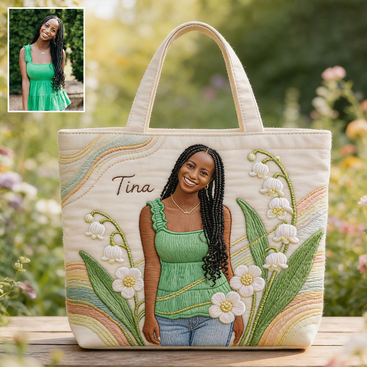 Personalisierte Tragetasche mit Geburtsblume und Foto – Selbstliebe-Stepptasche