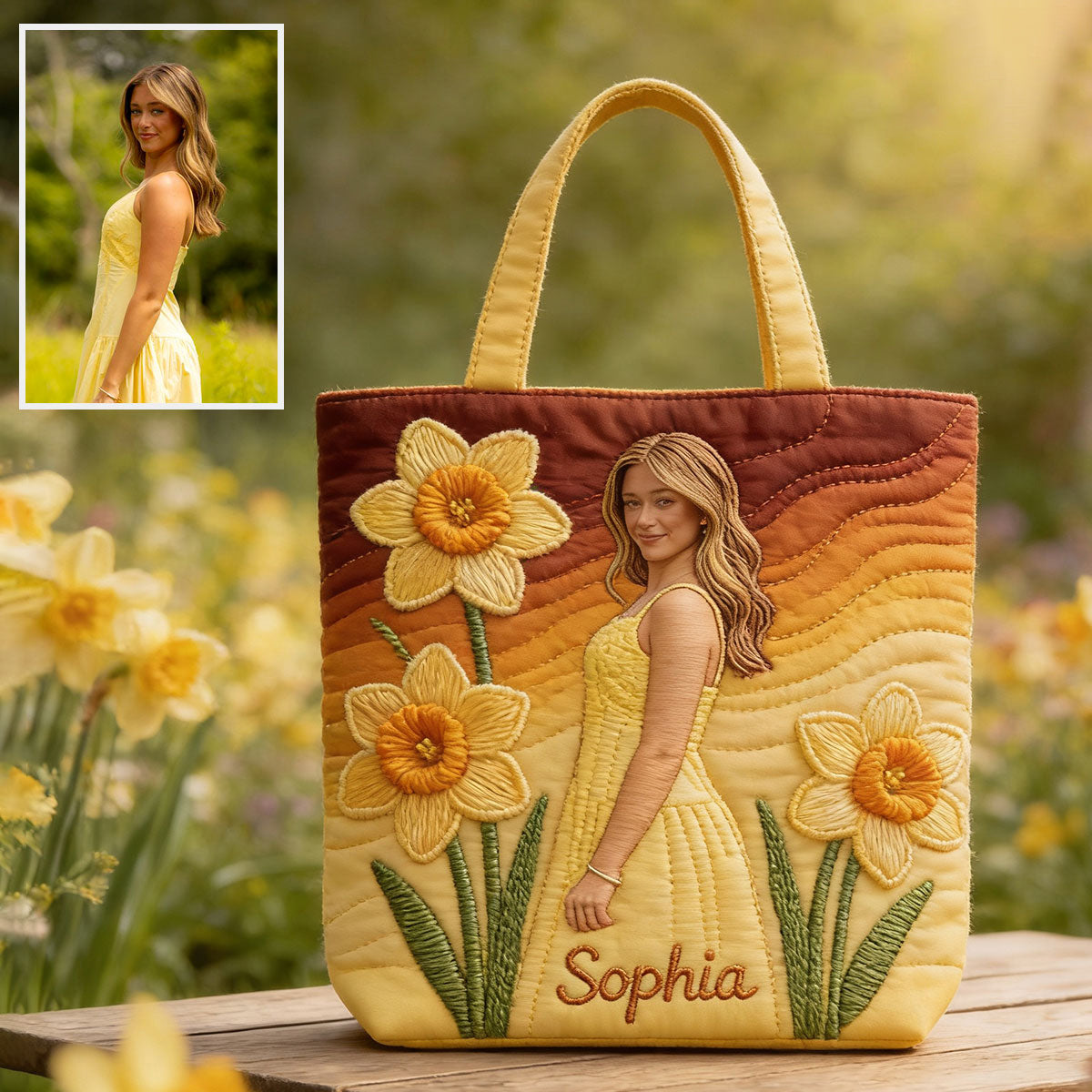 Personalisierte Tragetasche mit Geburtsblume und Foto – Selbstliebe-Stepptasche