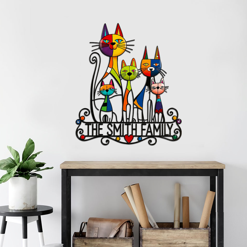 Picasso-Style Abstract Wrought Iron Cat Family Wall Art, Modern Minimalist Living Room Decor - Personalized Family Cut Metal Sign