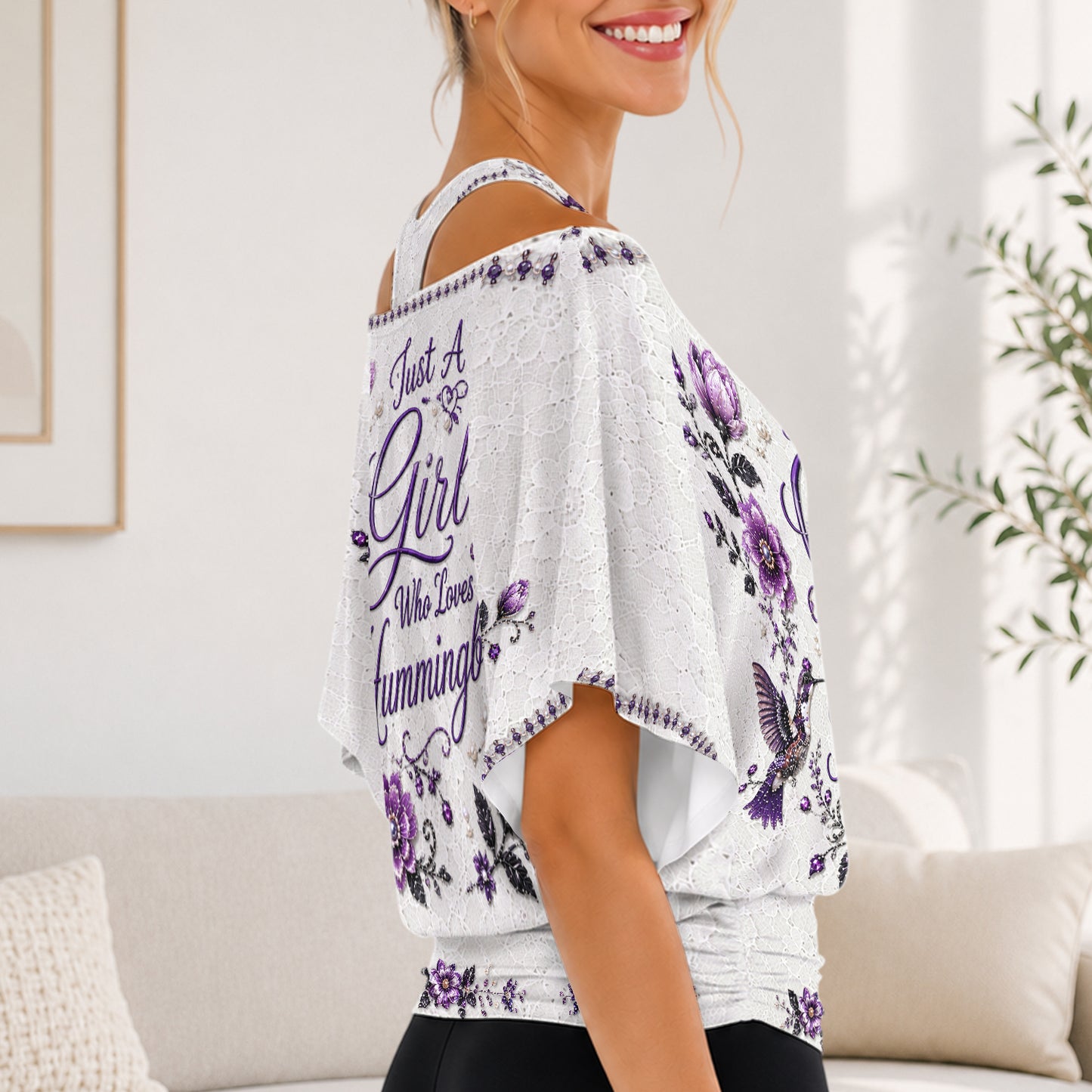 Just A Girl Who Loves Hummingbirds - Personalized Hummingbird Off-Shoulder Top Set