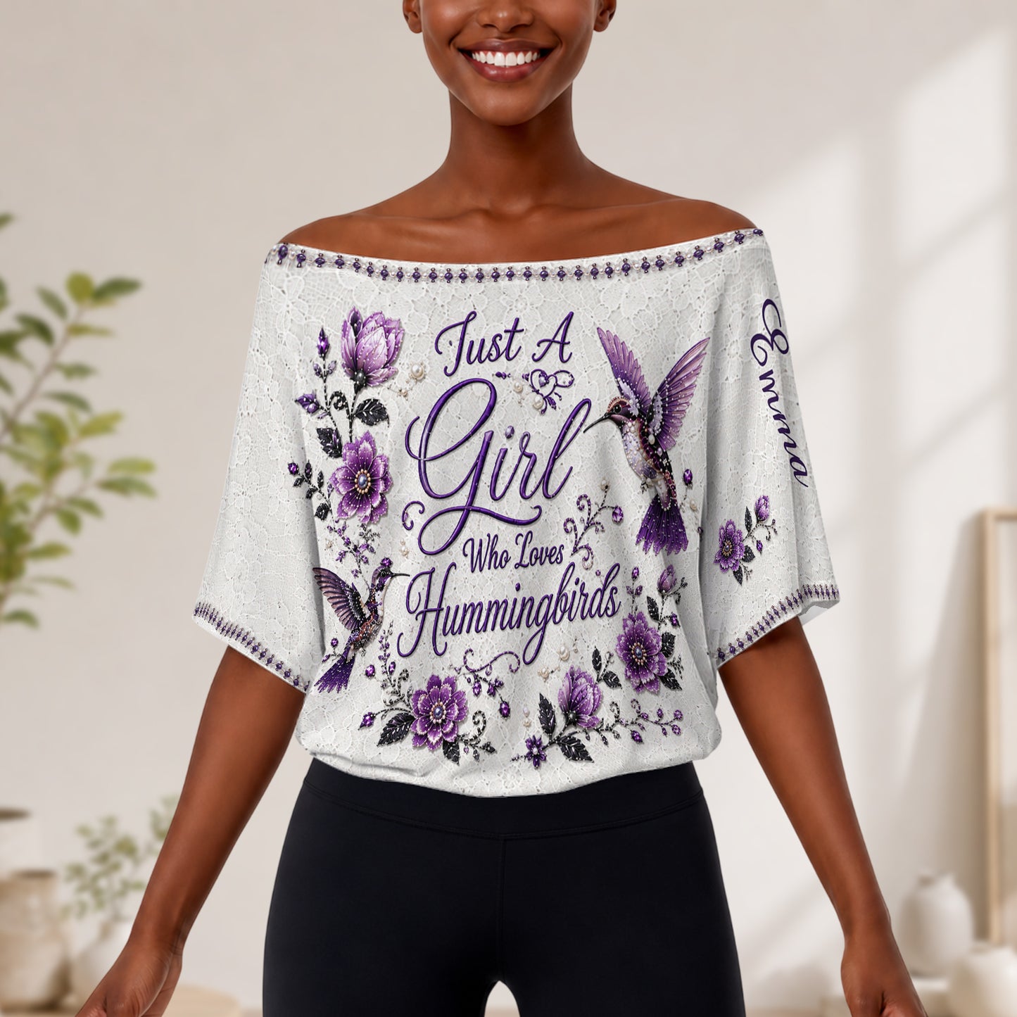 Just A Girl Who Loves Hummingbirds - Personalized Hummingbird Off-Shoulder Top Set