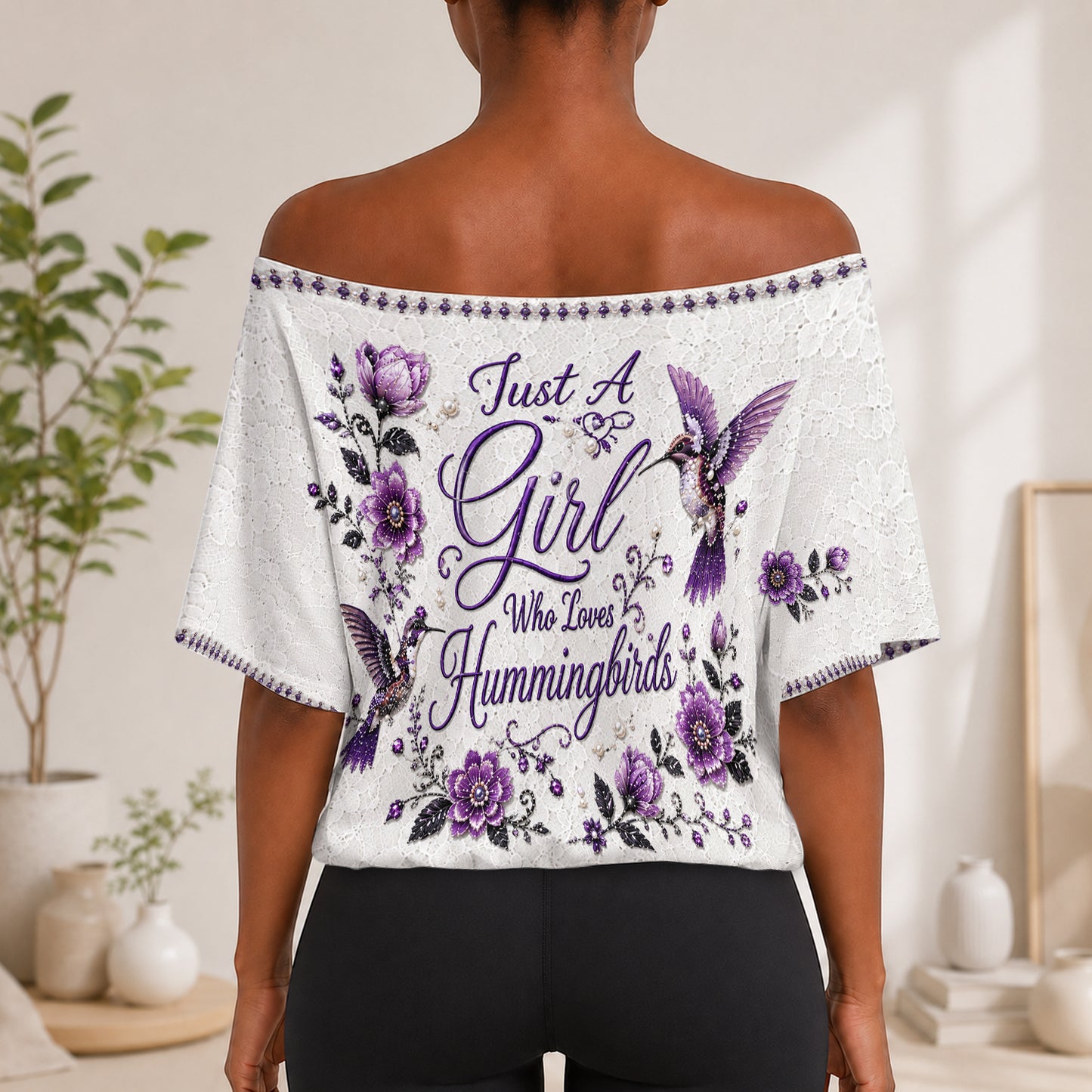Just A Girl Who Loves Hummingbirds - Personalized Hummingbird Off-Shoulder Top Set