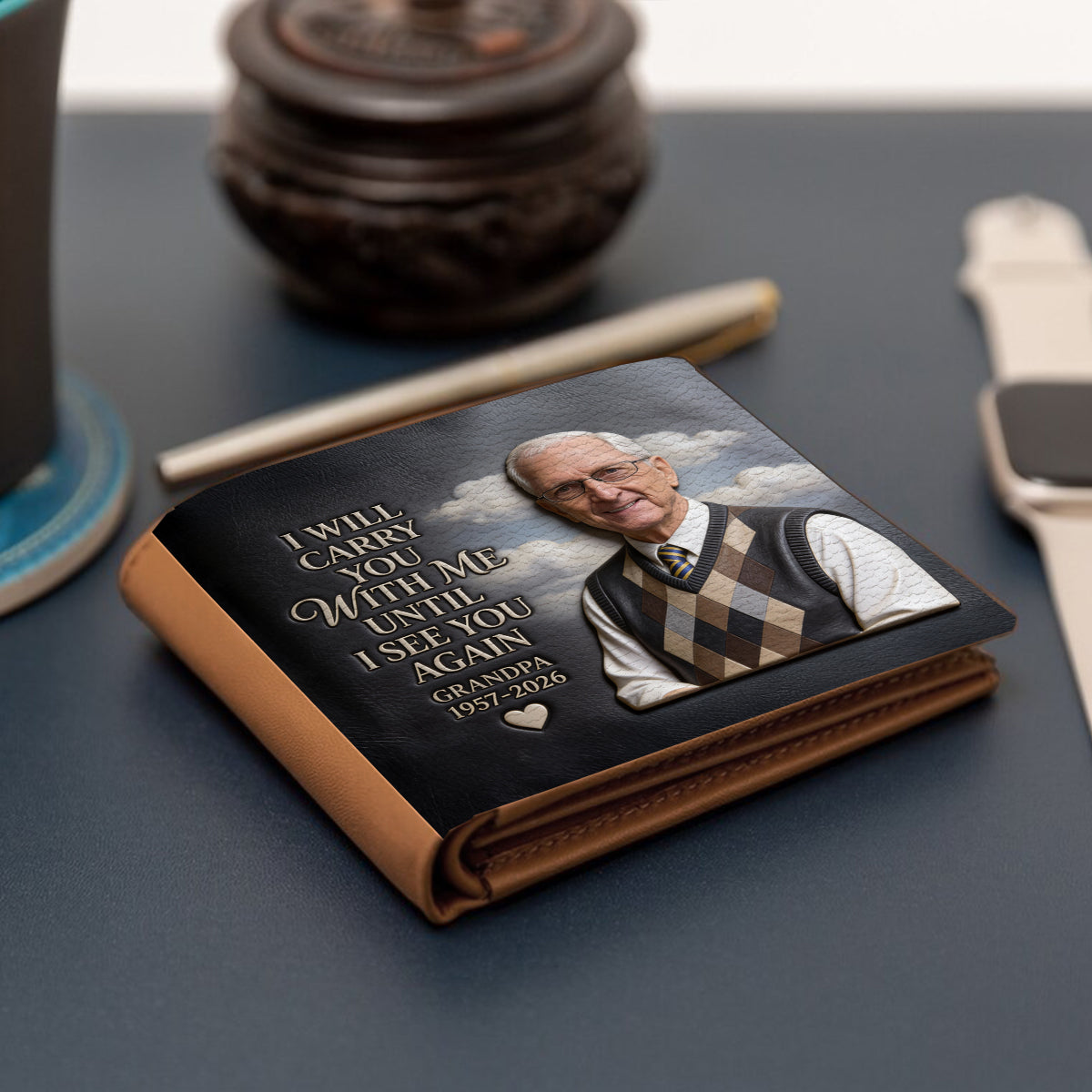 Ich werde dich bei mir tragen – Personalisierte Gedenk-Ledergeldbörse