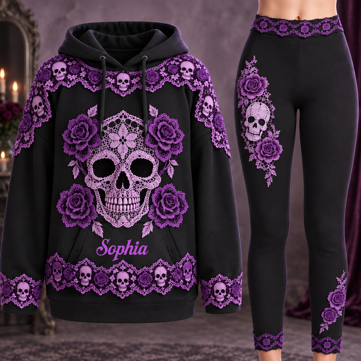 Floral Skull - Personalisierter Skull Hoodie und Leggings