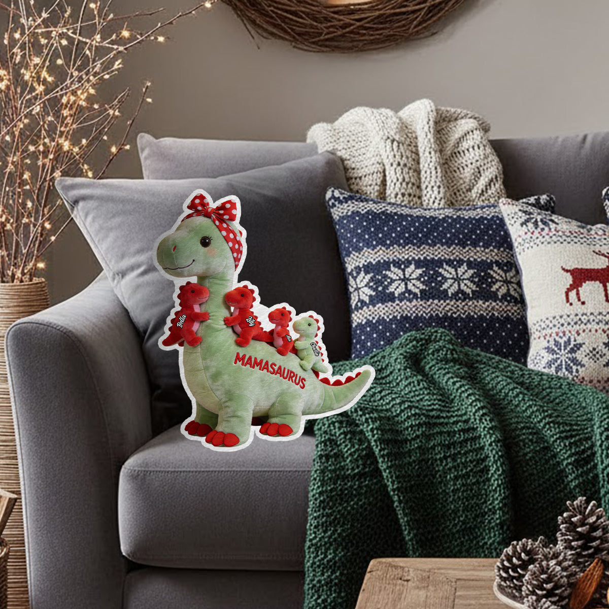 Mamasaurus Geschenk für Mama und Oma – Personalisiertes Kissen in Form von Mutter-Kunstfell