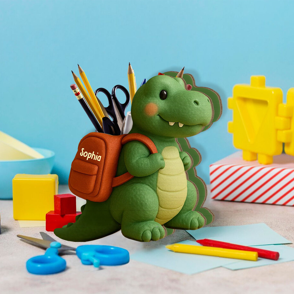 Playful Dinosaur Back To School Gift - Personalized Kid Wooden Pen Holder