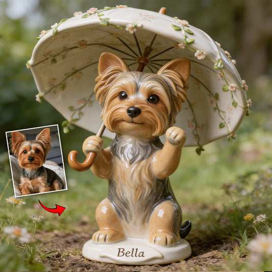 Individuell gestaltbare Gartendekoration mit Foto eines Hundes mit Regenschirm – personalisiertes Acryl-Gartenschild/Acryl-Plakette