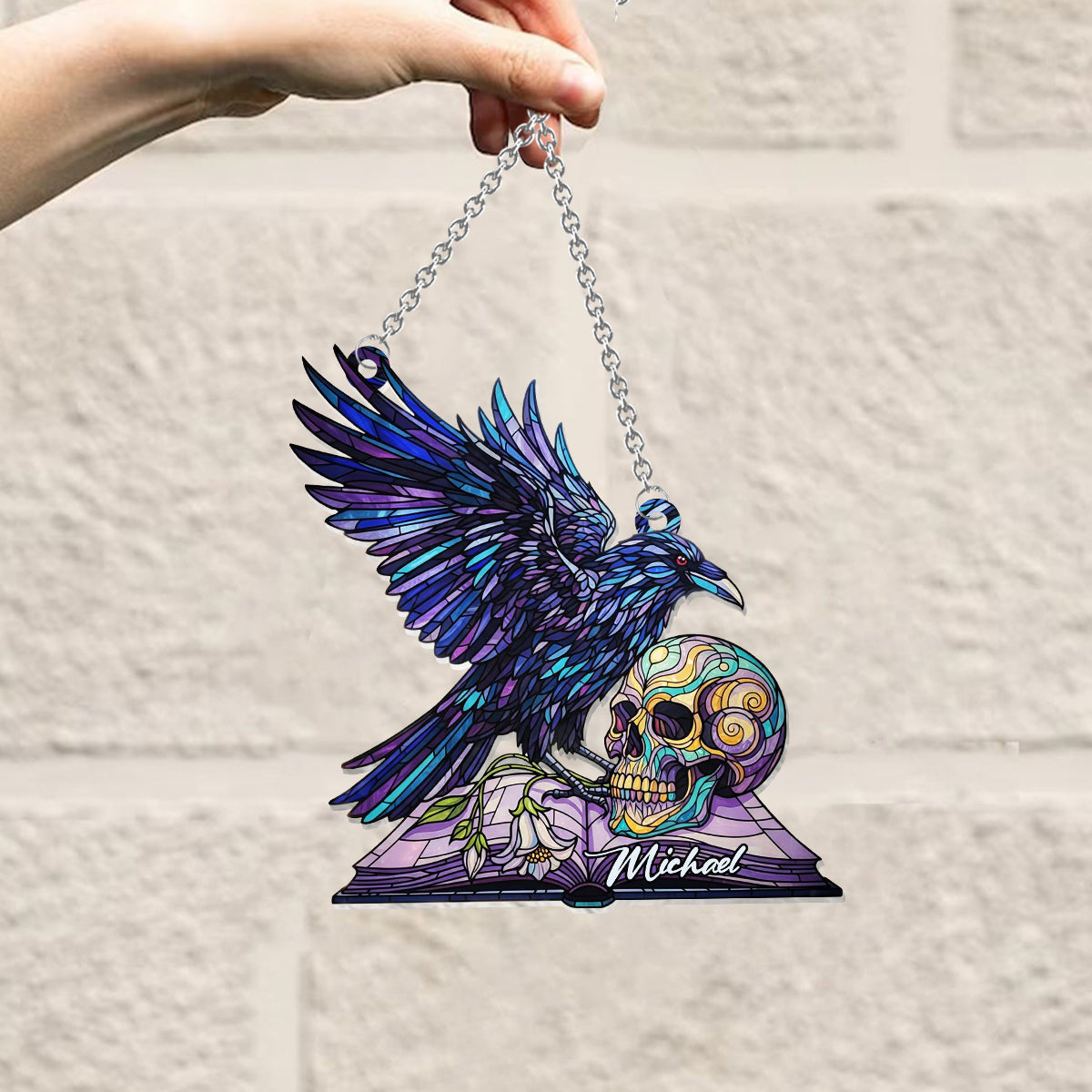 Magical Raven Skull - Personalized Skull Window Hanging Suncatcher Ornament