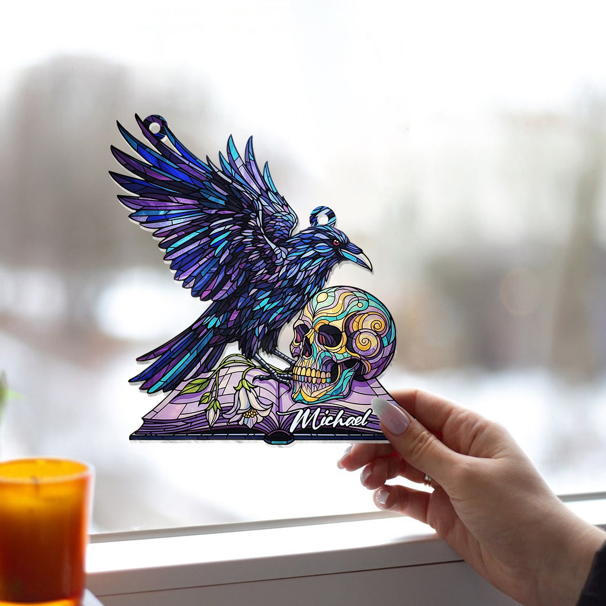 Magical Raven Skull - Personalized Skull Window Hanging Suncatcher Ornament